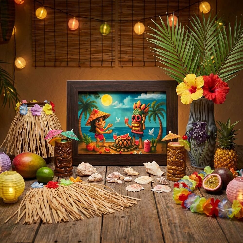 Retro Tiki Tropical Island Framed Wall Art Coastal Boho Polynesian Pop Decor